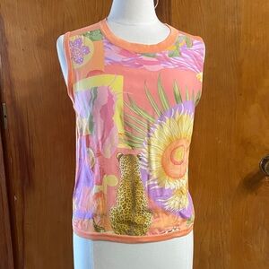 FERRAGAMO Silk Vibrant illustrated Sleeveless Top with Floral and Leopard Med